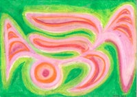 an abstract painting with pink, orange and green colors